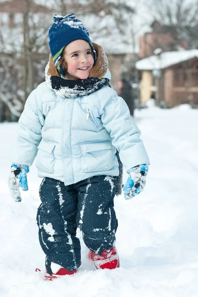 Portrait Young Kid Walking Snow — Zdjęcie stockowe