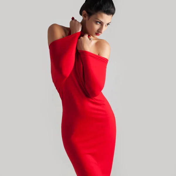 Portrait Beautiful Brunette Woman Red Elastic Cloth — Zdjęcie stockowe