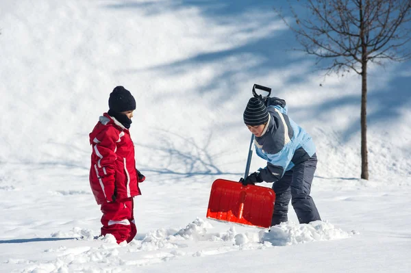Young brothers working with shovel outdoors. — Stockfoto