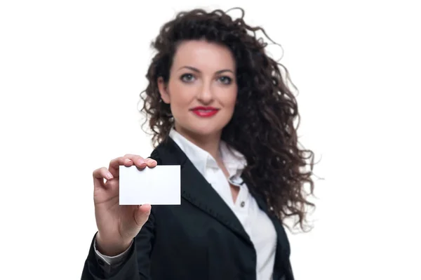 Business Woman Showing Blank Card Isolated White Background — Stock Photo, Image