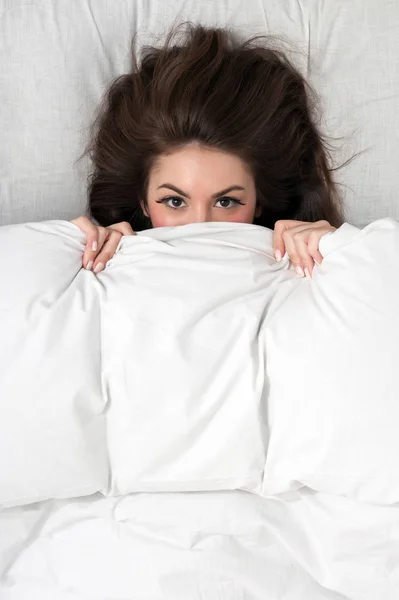 Portrait Young Woman Lying Bed Hiding Duvet — Stock Photo, Image