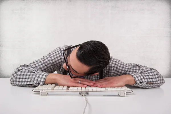 Computer Geek Sleeping Computer Isolated Grunge Background Stock Photo