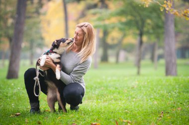 Avustralya çoban köpeğiyle parkta oynayan genç bir kadın.. 