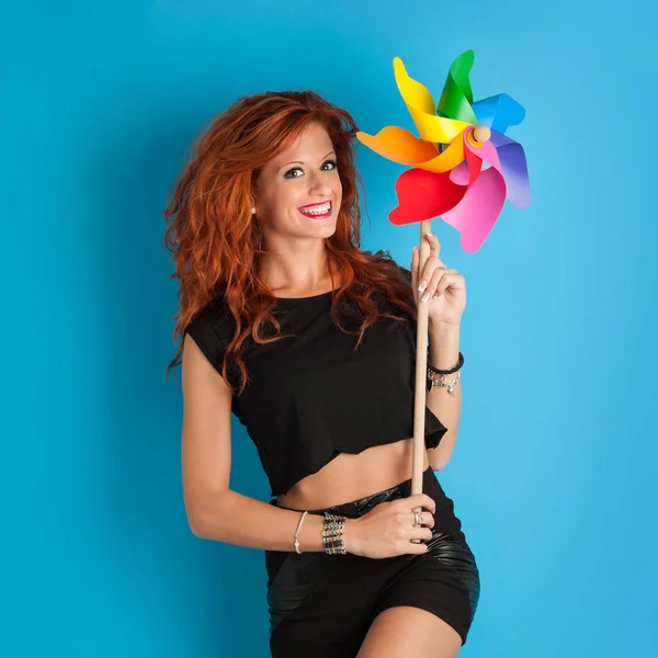 Red Head Girl Portrait Windmill Colorful Blue Background — Stock Photo, Image