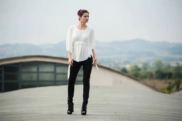 Sensual Woman Portrait Black Trousers Roof Abandoned Factory — Stock Photo, Image