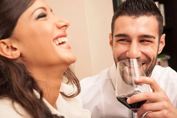 Happy Young Couple Drinking Wine — Stock Photo, Image