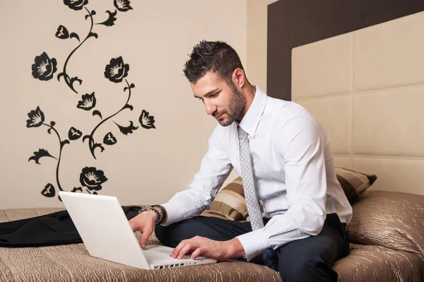 Young Businessman Working Computer Hotel Room — 스톡 사진