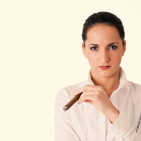 Woman smoking cigar. Studio fashion photo. — Stock Photo, Image