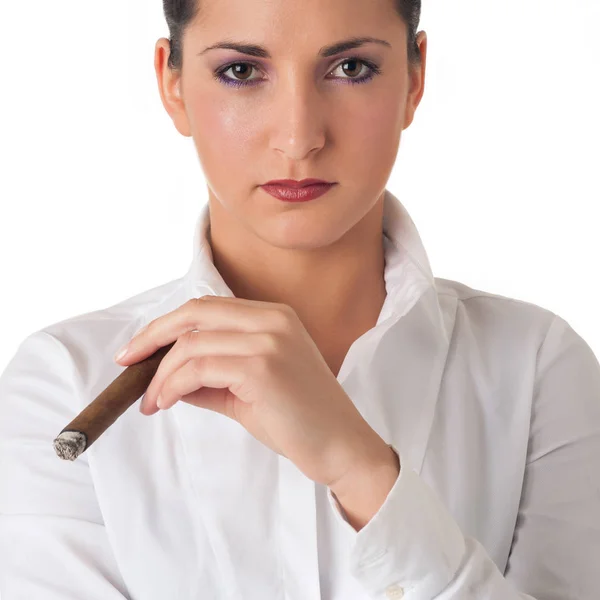 Woman smoking cigar. Studio fashion photo on white background. — Stock Photo, Image