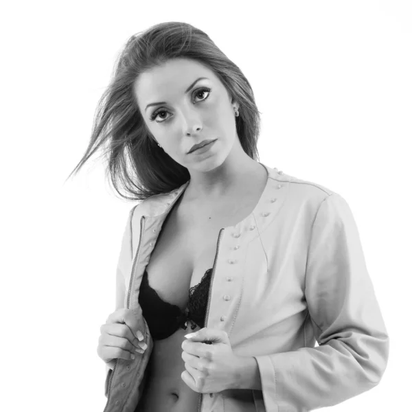 Retrato Mulher Usando Jaqueta Couro Lingerie Imagem Preto Branco — Fotografia de Stock