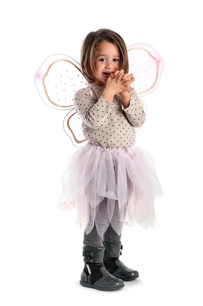 Retrato Niña Joven Con Traje Mariposa Sobre Fondo Blanco Cuerpo — Foto de Stock