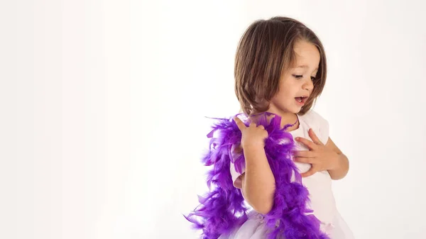 Young Girl Portrait Purple Ostrich Feather — Stock Photo, Image