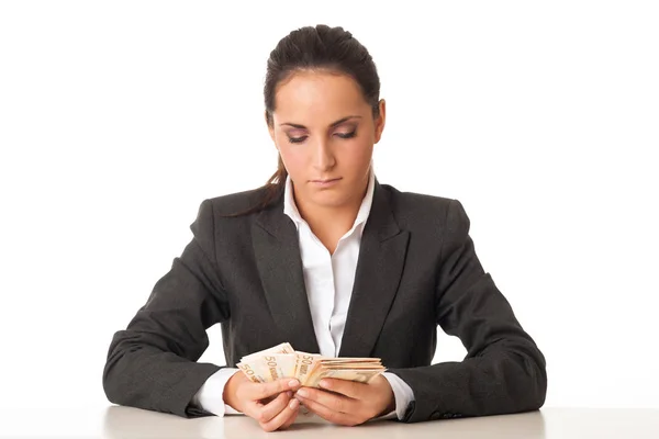 Businesswoman counting euro banknotes on white background. — Stock Photo, Image