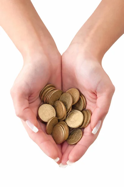 Woman Hands Holding Euro Coins White Background — Stock Photo, Image