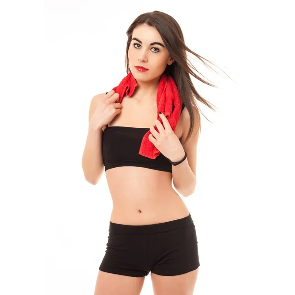 Sportliche Junge Frau Mit Rotem Handtuch Isoliert Vor Weißem Hintergrund — Stockfoto