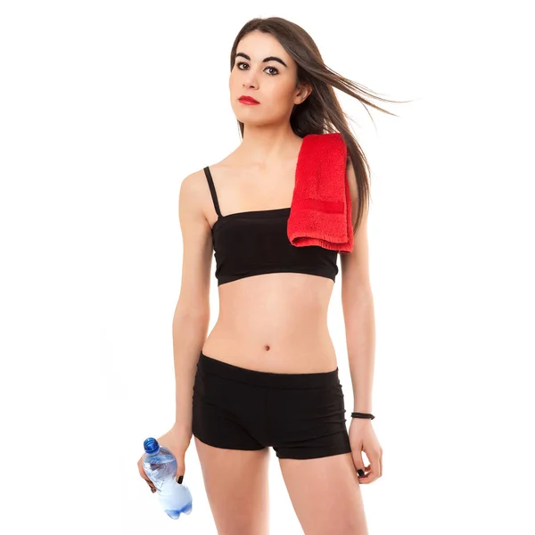 Mujer Joven Deportiva Con Botella Agua Aislada Sobre Fondo Blanco —  Fotos de Stock