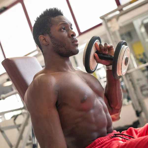 Joven negro africano hombre retrato ejercicio con dumbbells en th —  Fotos de Stock