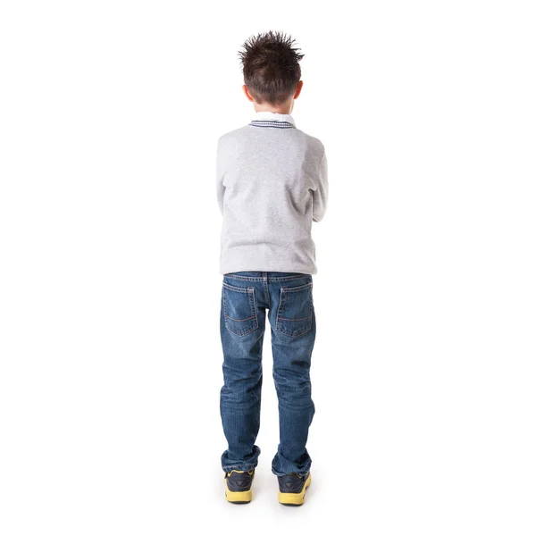 Retrato Cuerpo Completo Niño Ocho Años Por Detrás Contra Fondo —  Fotos de Stock