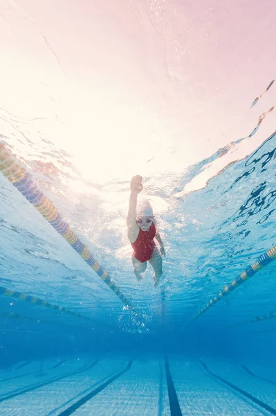 Woman professional swimmer wearing red swimsuit inside swimming — 스톡 사진