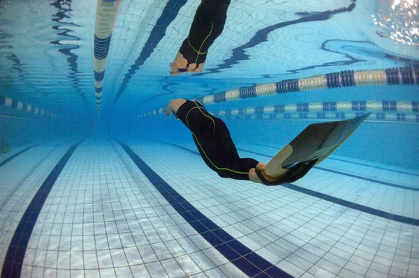 Nadador Profissional Com Monofin Debaixo Água Piscina — Fotografia de Stock