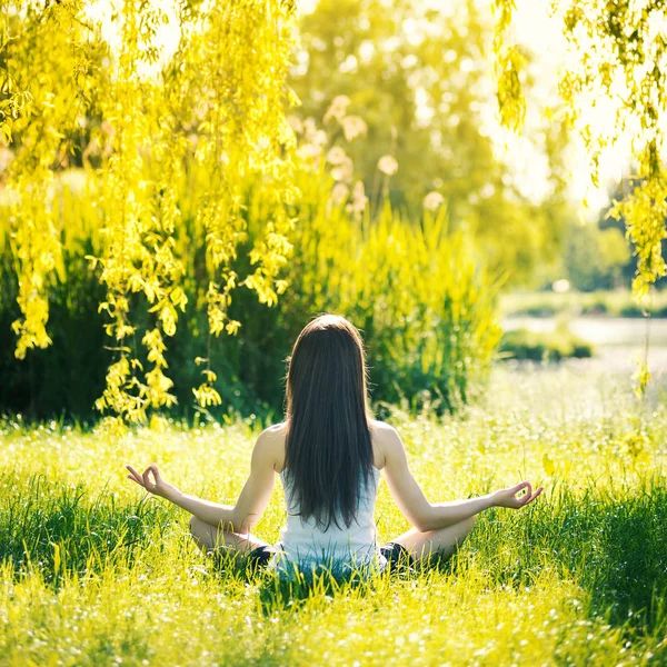 年轻女子做瑜伽的后视 坐在绿草上的莲花位置 健康的生活方式和放松的概念 已筛选的图像 — 图库照片