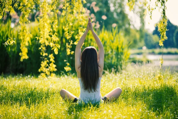 年轻女子做瑜伽的后视图 坐在绿草上的莲花位置 健康的生活方式和放松的概念 已筛选的图像 — 图库照片