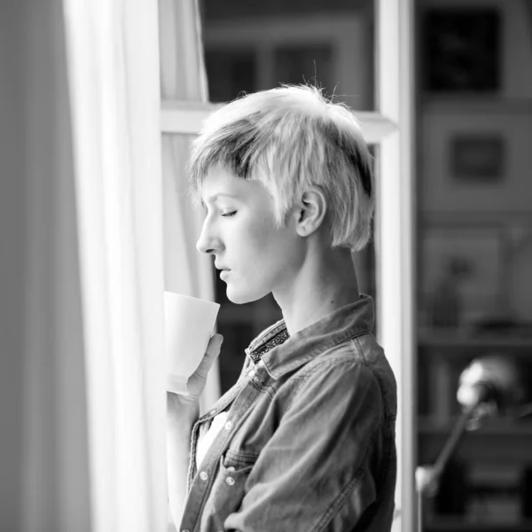 Intimate Portrait Beautiful Woman Drinking Cup Tea Front Window Home — Stock Photo, Image