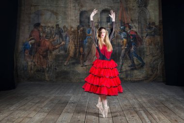 Young classical ballerina dancing inside old theater of Ripatransone, Italy. Ballerina project. 