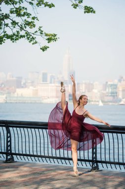 New Jersey rıhtımında dans eden genç ve güzel bir balerin. Arka planda New York silueti var. Balerin Projesi.