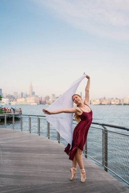 New Jersey rıhtımı boyunca dans eden genç, zarif balerin arka planda New York silueti var. Balerin Projesi.