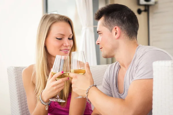 Attractive Casual Young Couple Drinking Glass Wine Hotel Terrace — Stock Photo, Image