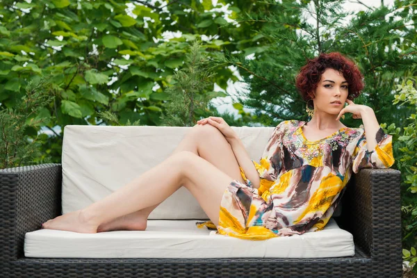 Sensual Young Woman Portrait Sit Sofa Outdoors Park — Stock Photo, Image