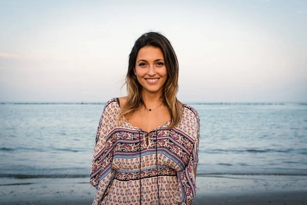 Beautiful Young Woman Smiling Portrait Beach Sea Background Filtered Image — Stock Photo, Image