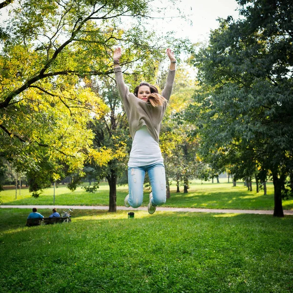 Jumping Young Woman Outdoors Park — Stock Photo, Image