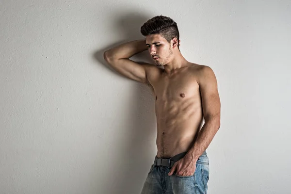 Portrait Confident Young Man Shirtless White Wall — Stock Photo, Image