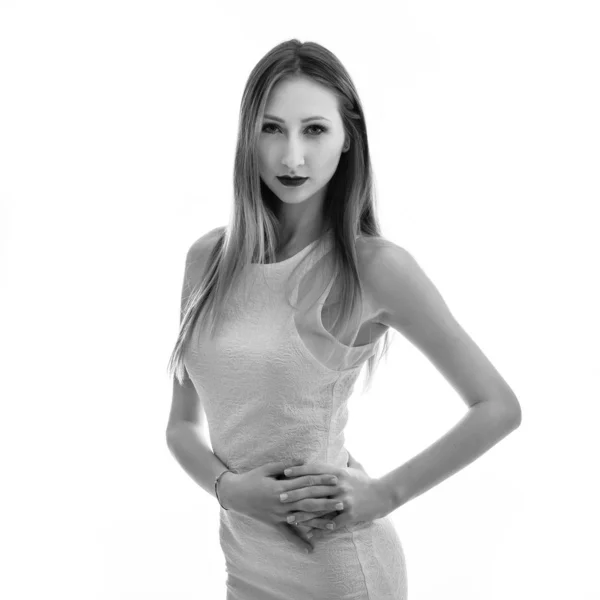 Junge Elegante Frau Modeporträt Vor Weißem Hintergrund High Key Schwarz — Stockfoto