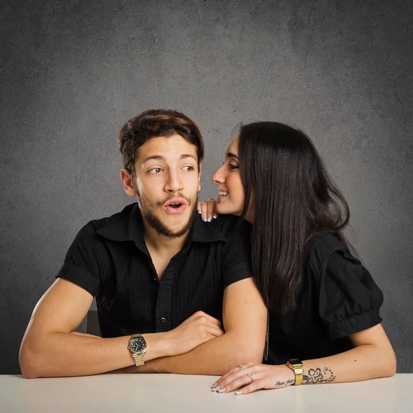 Young Woman Whispering Ear Boyfriend Grunge Background — Stock Photo, Image
