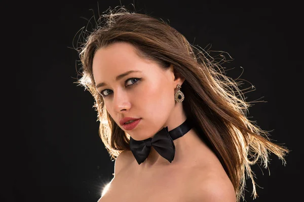 Sensual Woman Portrait Wearing Bow Tie Isolated Black Background — Stock Photo, Image