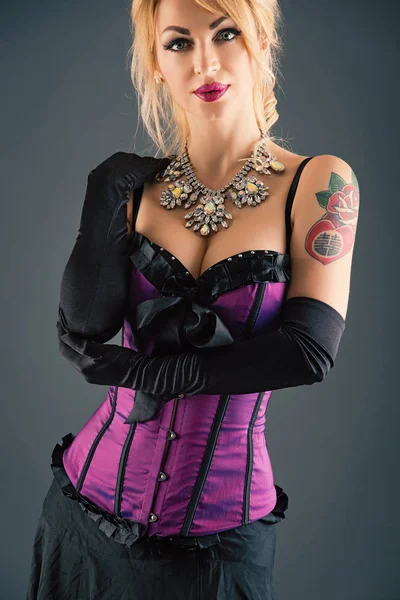 Portrait Busty Woman Wearing Purple Vintage Corset Black Gloves Studio — Stock Photo, Image