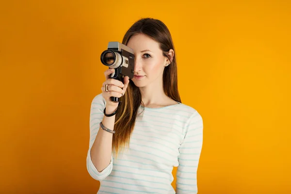 Woman Vintage Film Camera Close Orange Background — Stock Photo, Image