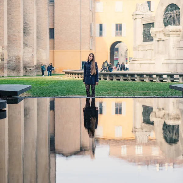 Portrait of young blonde woman outdoors. Parma, Italy. — Stock Photo, Image