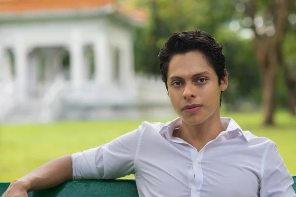 Portrait Young Confident Man Sitting Bench — Stock Photo, Image