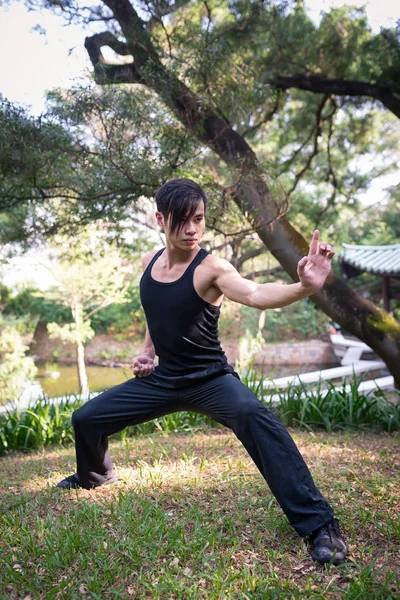 Retrato Hombre Joven Practicando Kung Parque Hong Kong — Foto de Stock