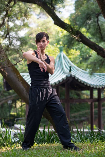 Retrato Hombre Joven Practicando Kung Parque Hong Kong — Foto de Stock