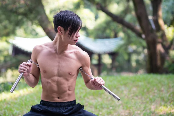 Young Man Practicing Kung Nunchaku Park Hong Kong — Stock fotografie