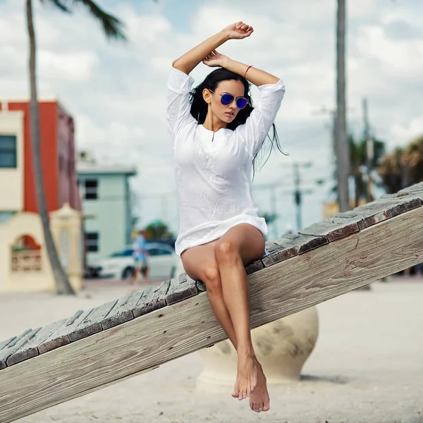 Gyönyörű Teljes Test Portré Egy Életmentő Torony Hollywood Strand Miami — Stock Fotó