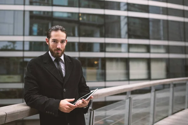 Young Businessman Portrait Futuristic Pedestrian Bridge Defense District Working Tablet — Stock Photo, Image