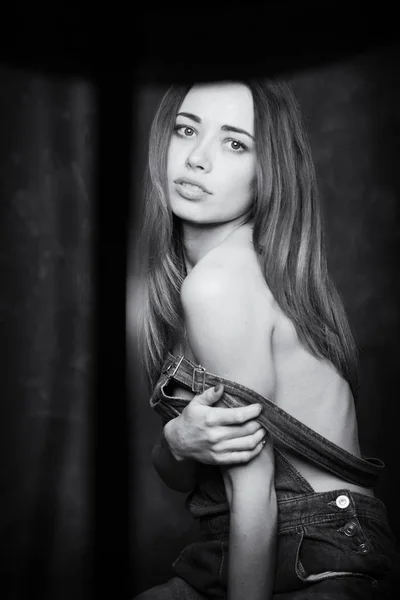 Sensual Woman Close Studio Portrait Dark Background Black White Image — Stok fotoğraf