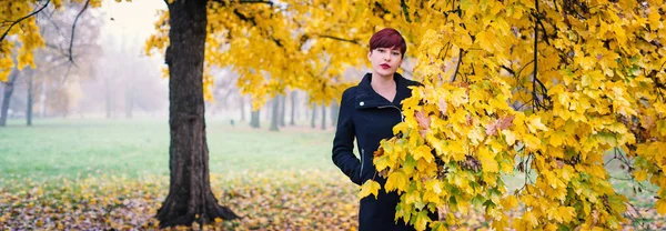 Portret Van Jonge Roodharige Vrouw Buitenshuis Een Park Herfst — Stockfoto