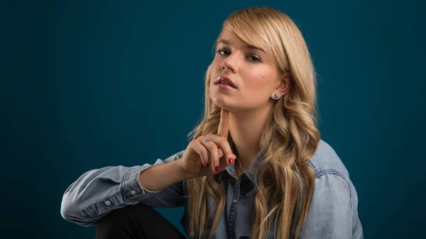 Intimate Blonde Woman Portrait Blue Background — Photo